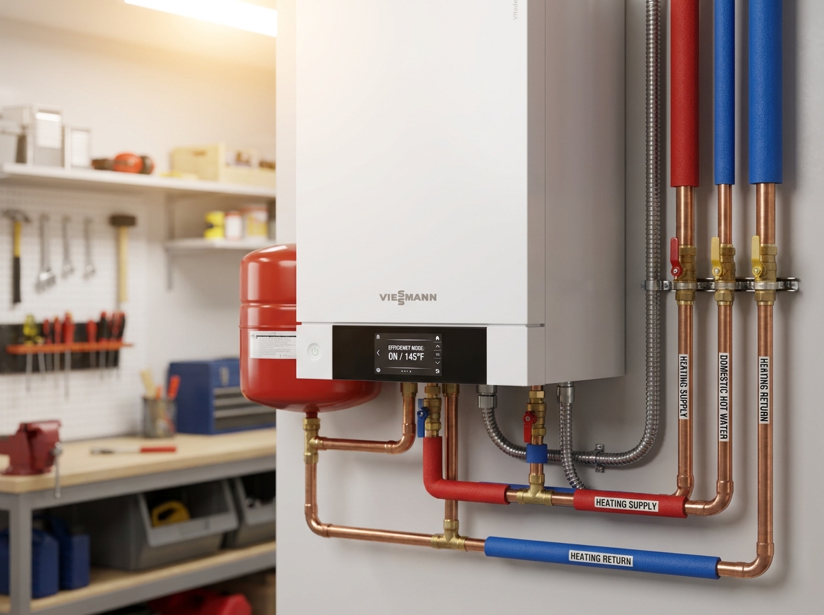 High-efficiency wall-mounted gas condensing boiler with copper piping