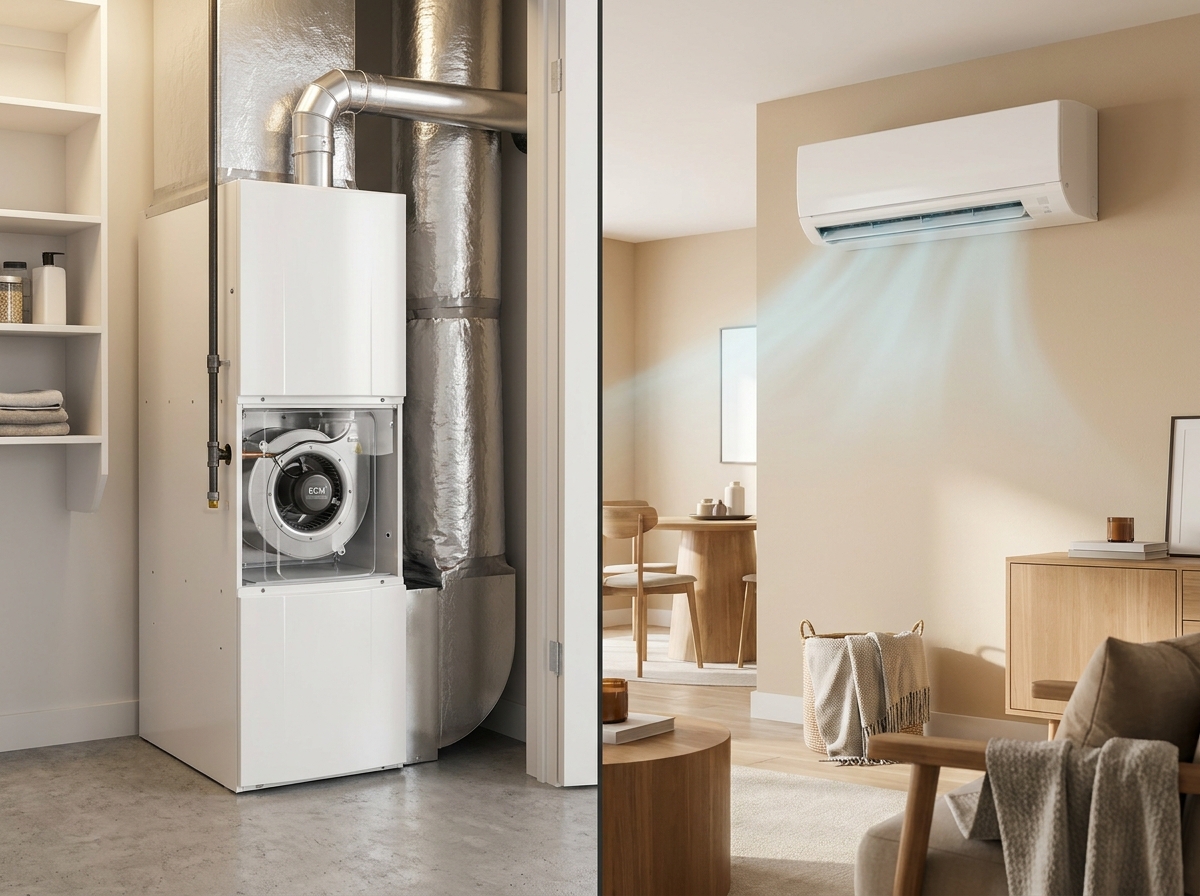 High-efficiency furnace alongside a ductless mini-split head unit