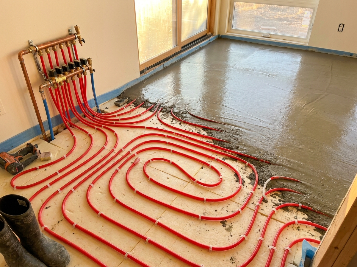 In-floor PEX radiant heat tubing laid out before the slab pour