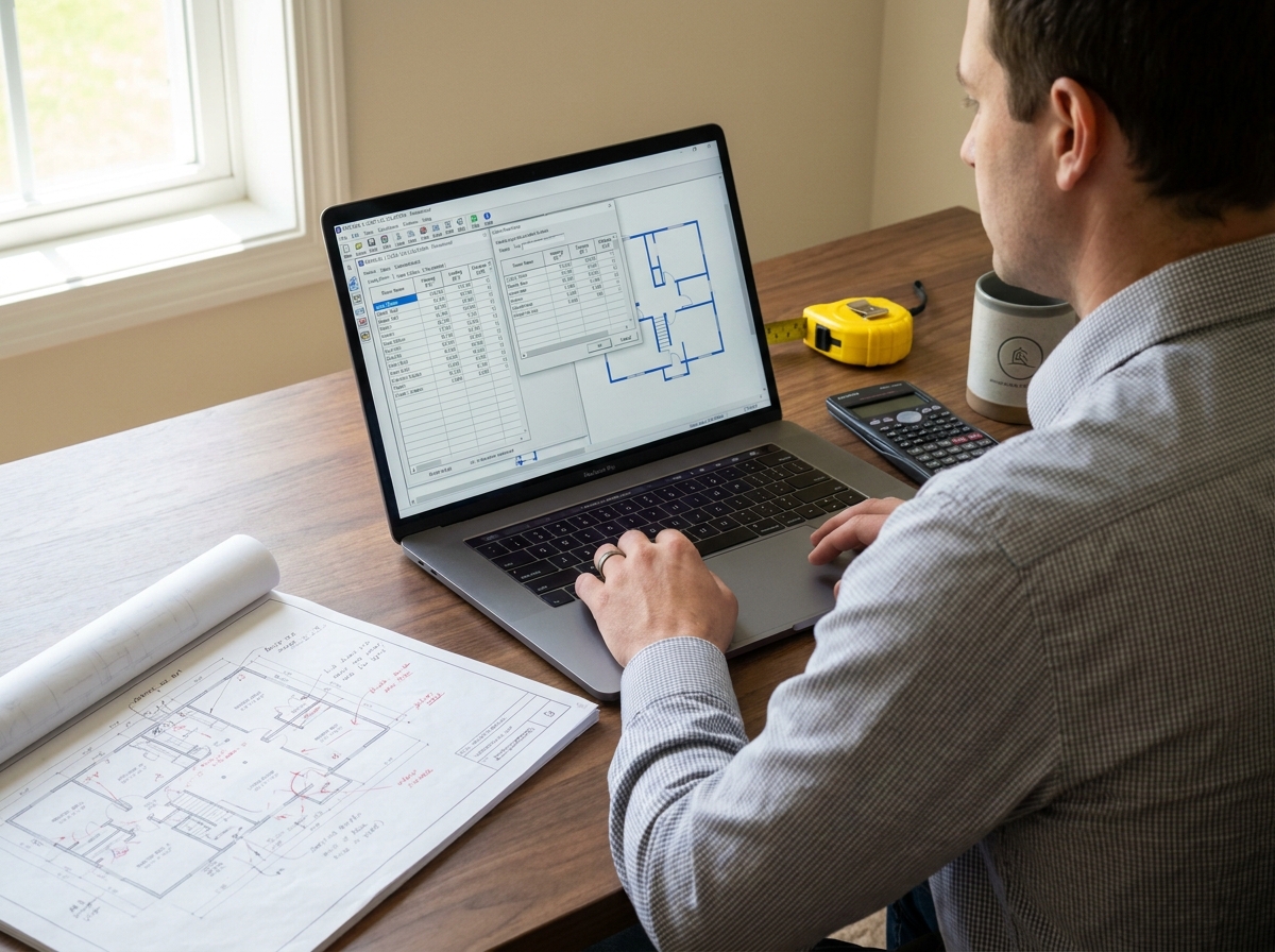 Engineer running Manual J heat-loss calculations on a laptop with a residential floor plan