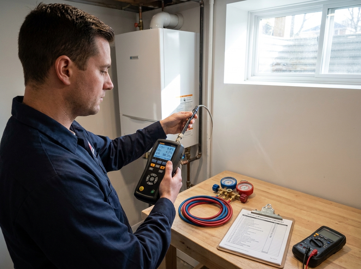 Technician commissioning a boiler with a digital combustion analyzer and manifold gauges