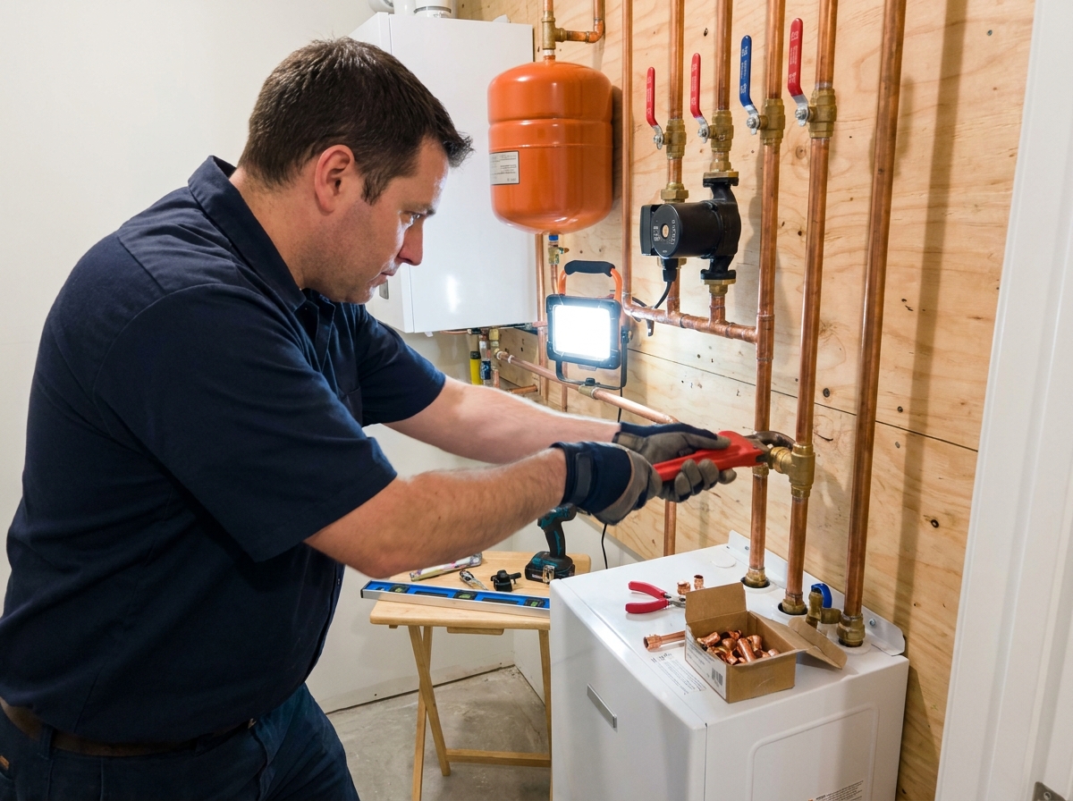 Design Heating technician installing a wall-mounted boiler and tightening copper near-piping